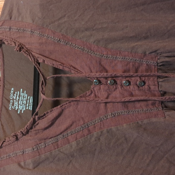 100% Organic XL Brown Long Sleeve T Linen like panel, thin crochet details++ - Picture 3 of 5